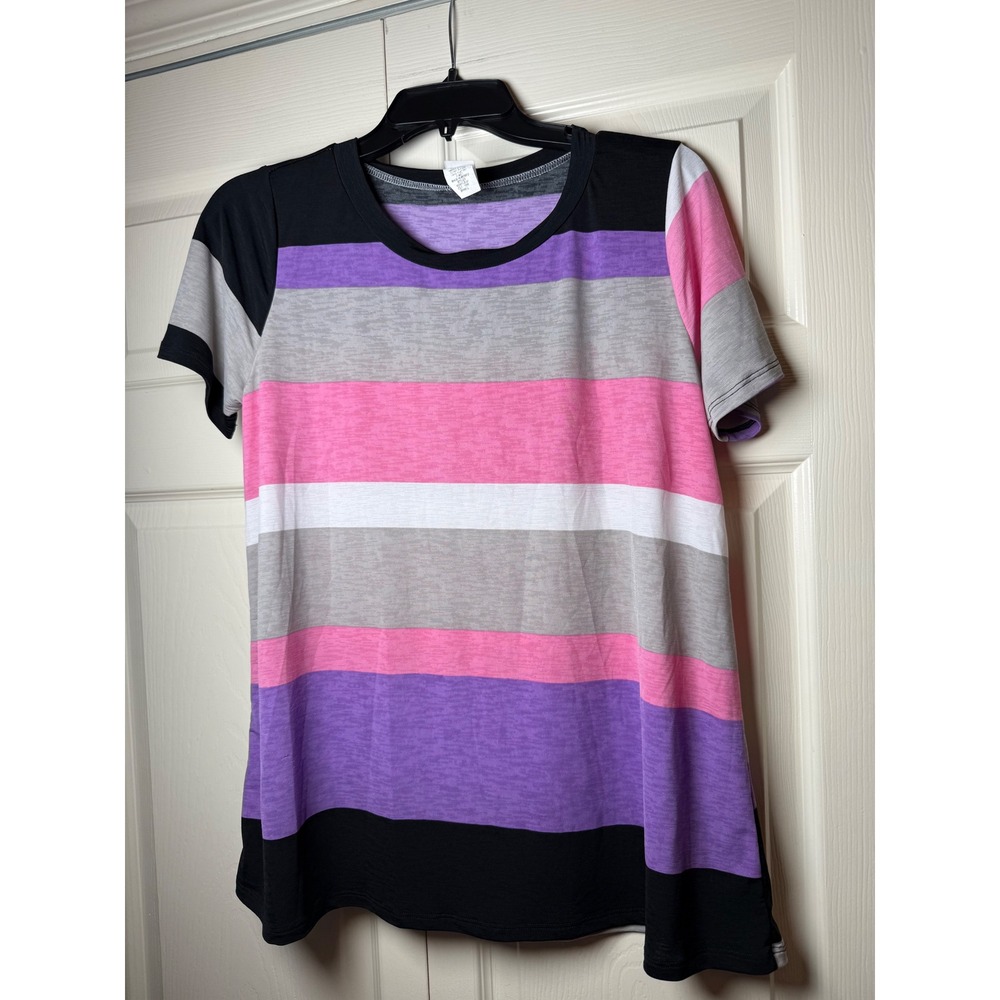 Womens Multi Color Striped Short Sleeve Crew Neck T-Shirt Purple Pink Grey Black
